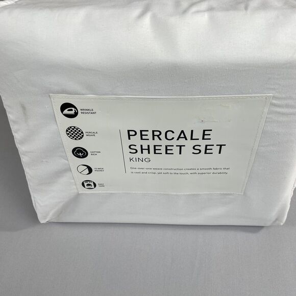 AQ Textiles Percale Solid 4-Pc. Sheet Set, King, White New In Original Package - Picture 8 of 9